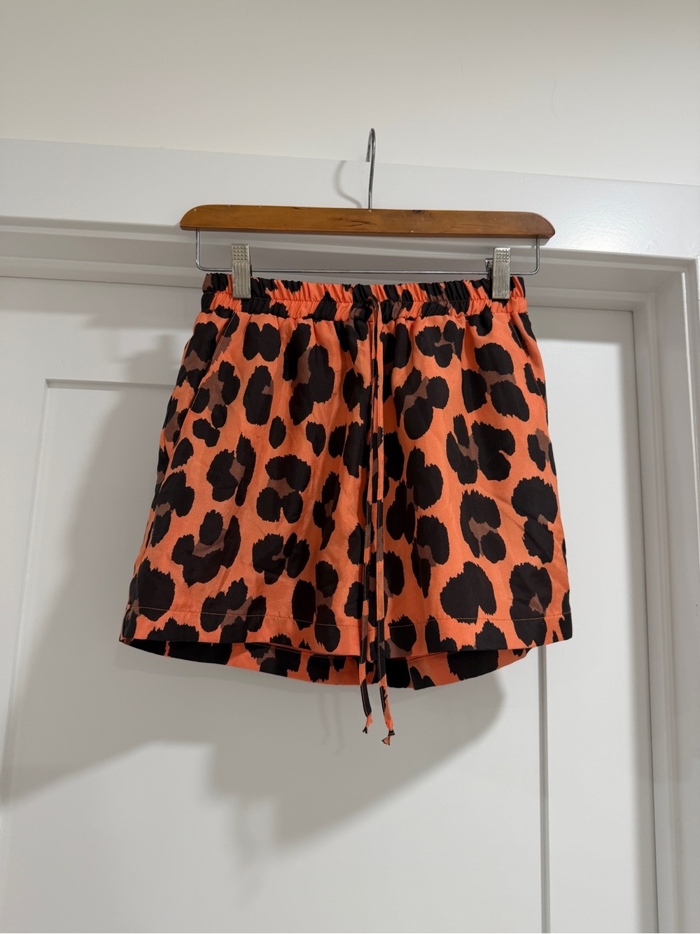 Orange Leopard Print Drawstring Mini Shorts - Picture 2 of 6